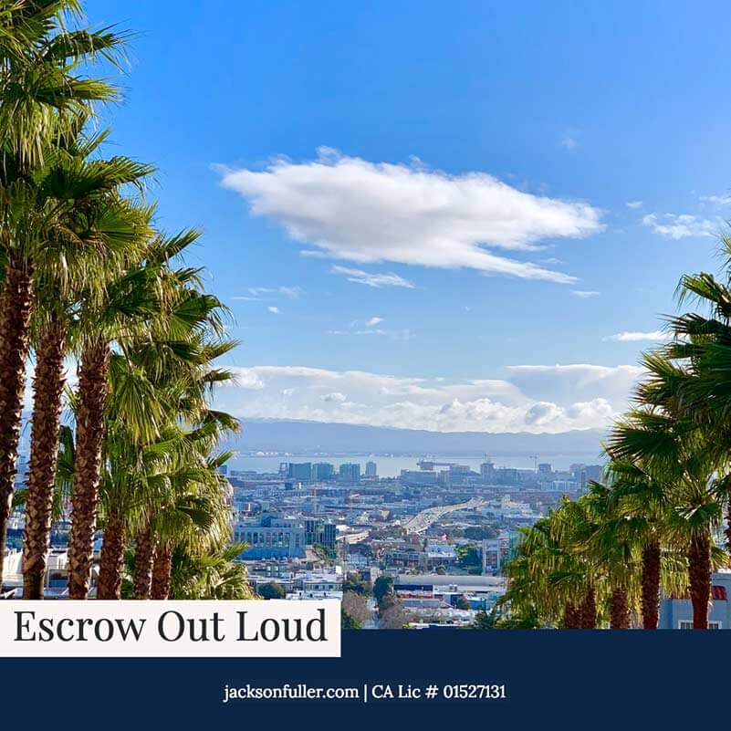 Escrow Out Loud San Francisco real estate podcast by Matt Fuller and Britton Jackson cover art with SF city image and palm trees