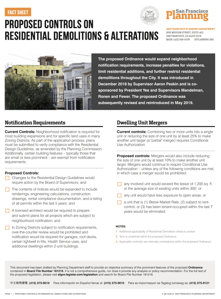 Description of impact of Peskin Protect Preserve Legislation from SF Planning Dept