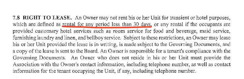 right to lease section of CCR document airbnb condo rules